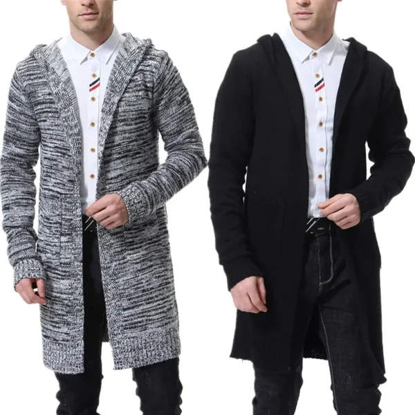 Men's Hooded Thick Cardigan Sweater Coat X-long Sweater - Image 2