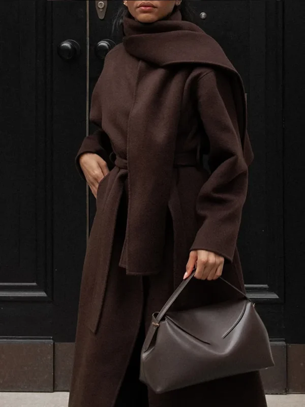 2024 Vintage Brown Scarf Collar Women's Overcoat With Belt Fashion Long Sleeve Pockets Woolen Jacket Lady New Loose Streetwear ﻿ - Image 3