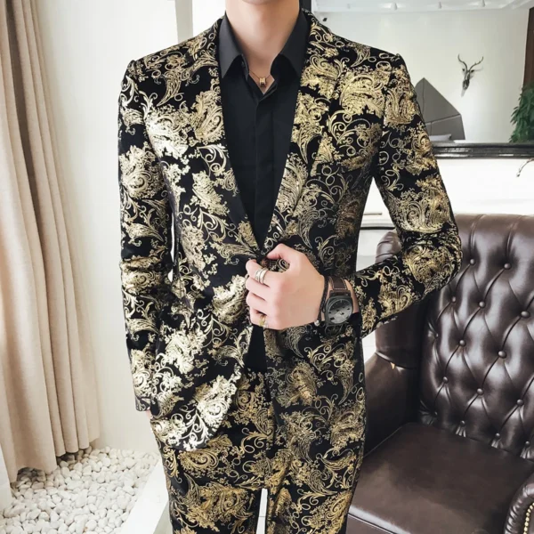 Men's Suit Set Shiny Gold and Silver 2-piece Set Korean Fashion Host Wedding Set Suit Jacket+pants Men's Hot Stamping Clothing - Image 2