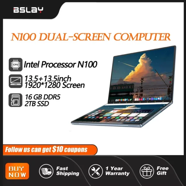 Tablet Double-Screen Intel N100 13.5+13.5 inch Laptop 16GB DDR5 2TB SSD HD Camera 9000 mAH 1920*1280 Screen Windows 11 Computer