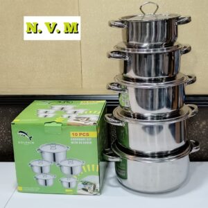 Dolphin 10-piece stainless steel cookware set with lids for all stovetops.