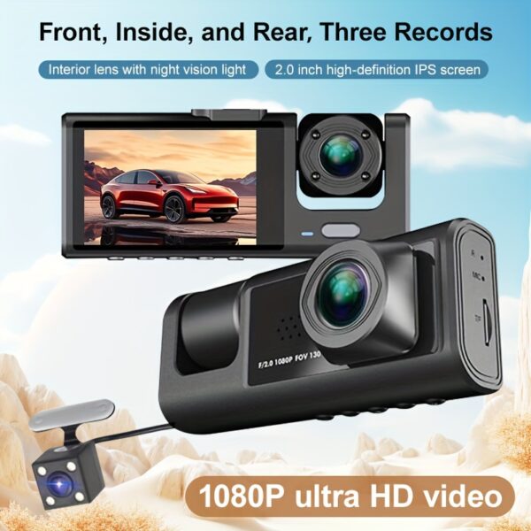 Vavupo 1080P Triple Dash Cam for Cars - Front, Inside & Rear View with IR Night Vision, Loop Recording, Wide Angle Lens, and 5.08cm IPS Display - Image 9