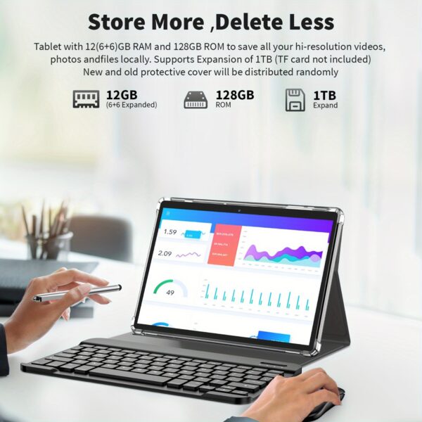 Relndoo Android Tablet Featuring a Keyboard, Running Android 13, with 128GB of Storage And 6GB of RAM Plus an Additional 6GB Expansion. This 2-In-1 Device Has a 10.1-Inch Display, Comes with a Case, Mouse, And Stylus, Offers a Resolution of 1280X800 IPS, And Supports Both 2.4G And 5G Wireless Connectivity, Along with a Type-C Port. - Image 6