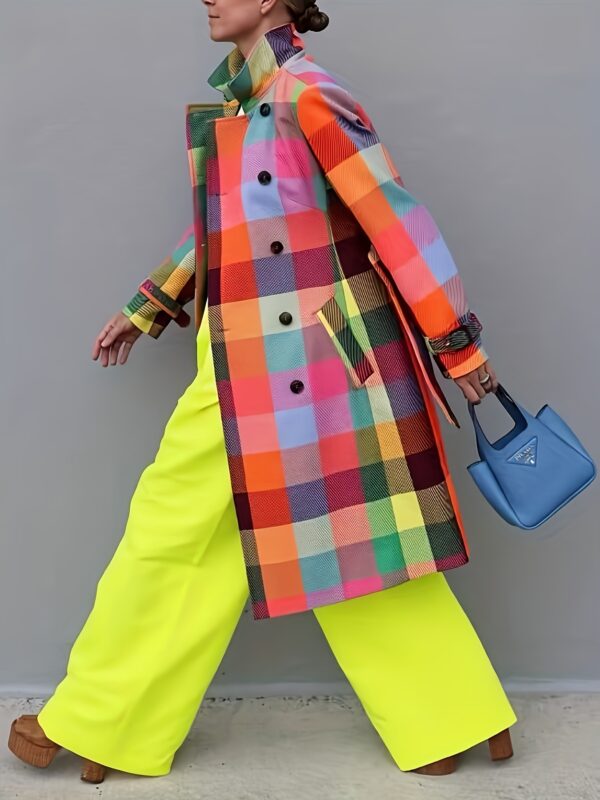 Spring and Autumn Ladies Casual Rainbow Plaid Double Button Windbreaker