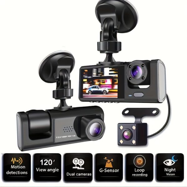 Vavupo 1080P Triple Dash Cam for Cars - Front, Inside & Rear View with IR Night Vision, Loop Recording, Wide Angle Lens, and 5.08cm IPS Display