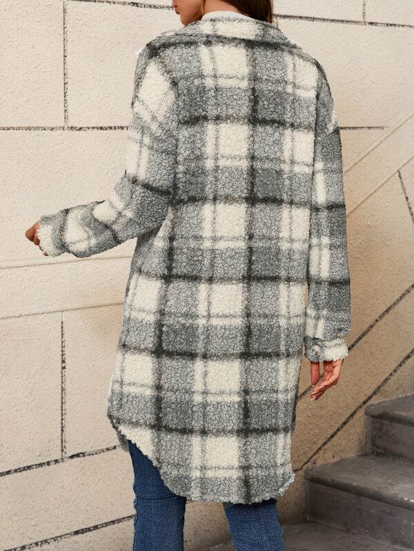 Plaid Pattern Button Sherpa Coat, Elegant Thermal Long Sleeve Curved Hem Coat For Fall & Winter, Women's Clothing - Image 7