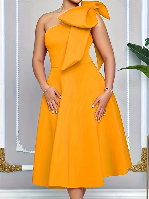 Elegant One-Shoulder Bowknot Dress - Chic High-Waisted A-Line Banquet Gown, Sleeveless with Pocket Detail, Polyester & Spandex Blend, Perfect for Spring/Summer Parties & Weddings - Image 3