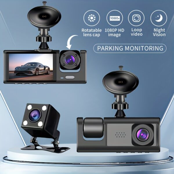 Vavupo 1080P Triple Dash Cam for Cars - Front, Inside & Rear View with IR Night Vision, Loop Recording, Wide Angle Lens, and 5.08cm IPS Display - Image 6