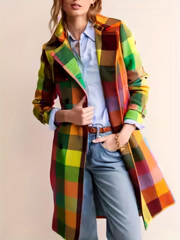 Spring and Autumn Ladies Casual Rainbow Plaid Double Button Windbreaker - Image 3