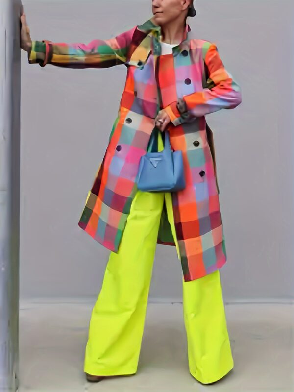 Spring and Autumn Ladies Casual Rainbow Plaid Double Button Windbreaker - Image 2