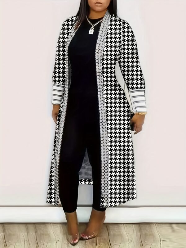 Houndstooth Pattern Open Front Coat, Elegant Long Sleeve Longline Coat For Spring & Fall, Women's Clothing - Image 3