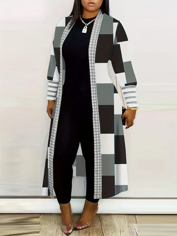 Houndstooth Pattern Open Front Coat, Elegant Long Sleeve Longline Coat For Spring & Fall, Women's Clothing