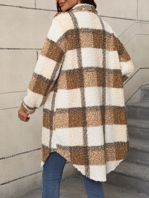 Plaid Pattern Button Sherpa Coat, Elegant Thermal Long Sleeve Curved Hem Coat For Fall & Winter, Women's Clothing - Image 6