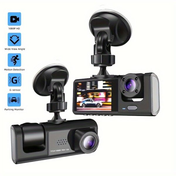 Vavupo 1080P Triple Dash Cam for Cars - Front, Inside & Rear View with IR Night Vision, Loop Recording, Wide Angle Lens, and 5.08cm IPS Display - Image 3