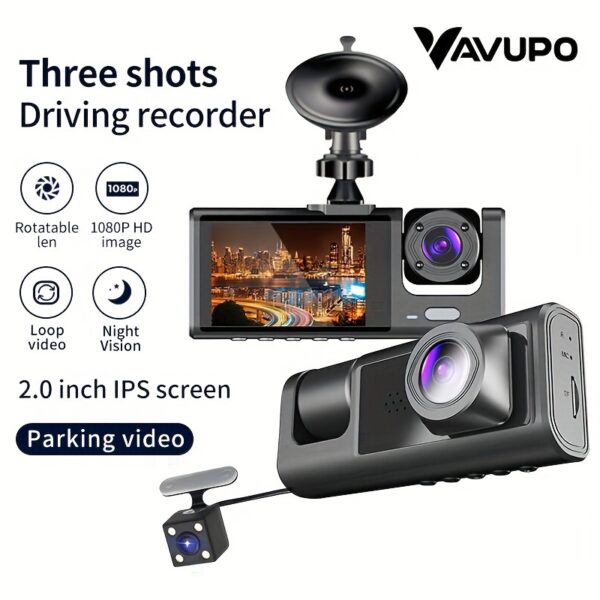 Vavupo 1080P Triple Dash Cam for Cars - Front, Inside & Rear View with IR Night Vision, Loop Recording, Wide Angle Lens, and 5.08cm IPS Display - Image 4