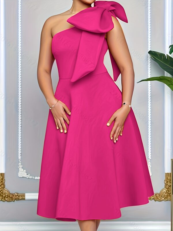 Elegant One-Shoulder Bowknot Dress - Chic High-Waisted A-Line Banquet Gown, Sleeveless with Pocket Detail, Polyester & Spandex Blend, Perfect for Spring/Summer Parties & Weddings - Image 4