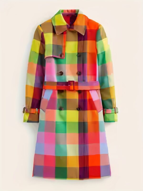 Spring and Autumn Ladies Casual Rainbow Plaid Double Button Windbreaker - Image 4