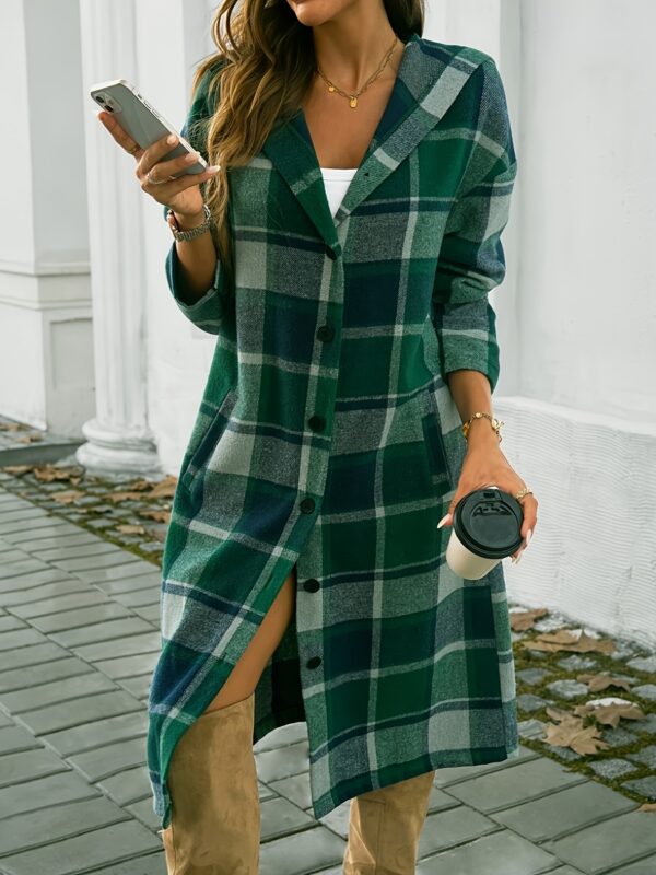 Plaid Print Button Front Hoodie Jacket, Casual Long Sleeve Longline Jacket For Spring & Fall, Women's Clothing - Image 7