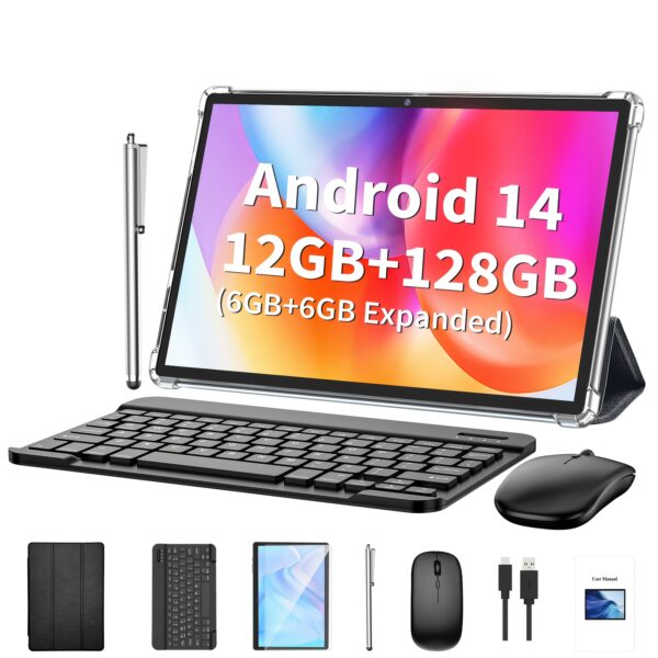 Relndoo Android Tablet Featuring a Keyboard, Running Android 13, with 128GB of Storage And 6GB of RAM Plus an Additional 6GB Expansion. This 2-In-1 Device Has a 10.1-Inch Display, Comes with a Case, Mouse, And Stylus, Offers a Resolution of 1280X800 IPS, And Supports Both 2.4G And 5G Wireless Connectivity, Along with a Type-C Port.